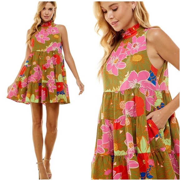 TCEC Dresses & Skirts - TCEC Floral Mock Neck Tiered Short Swing  Dress